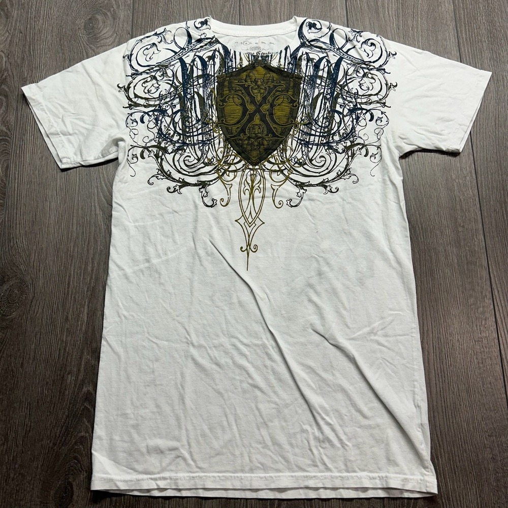 Xtreme Couture Mens Medium Graphic T-Shirt White Y2K Skeleton Shield MMA Tee